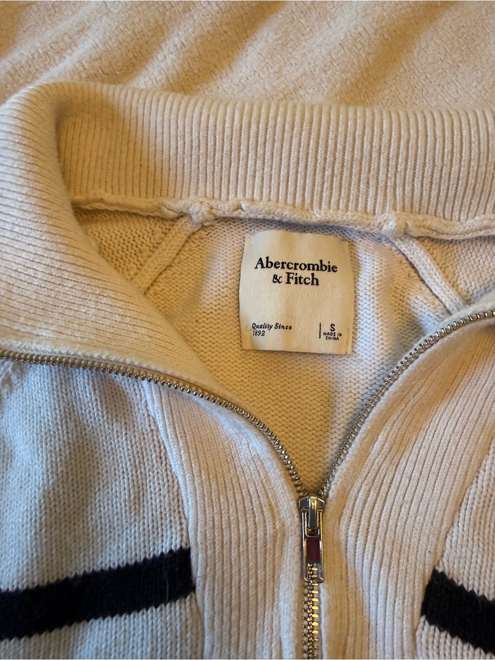 Abercrombie & Fitch Cream with Black Stripe Half-Zip Turtleneck Sweater - Picture 3 of 4
